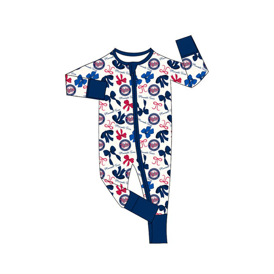 Preorder(moq 5)long sleeves T navy bows baby team zip romper 8.22