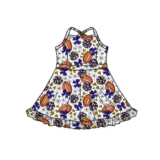 Preorder (moq 5)Baby Girls Strap Hot Blue Bow Footballs Team Shorts Ruffle Knee Length Dress 1.13