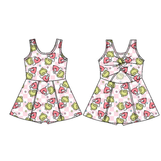 Preorder (moq 5)Baby Girls Sleeveless Green Faces Plaid Shorts Knee Length Dresses 7.16
