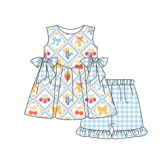 Preorder (moq 5)Baby Girls Blue Sleeveless Bows Strawberry Plaid Tunic Ruffle Shorts Set 4.24