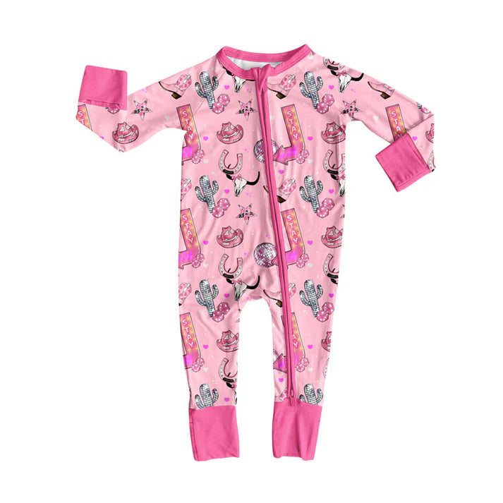 Preorder (moq 5)Baby Girls Pink Hats Bull Skulls Western Zipper Footie Rompers 10.23