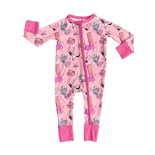 Preorder (moq 5)Baby Girls Pink Hats Bull Skulls Western Zipper Footie Rompers 10.23