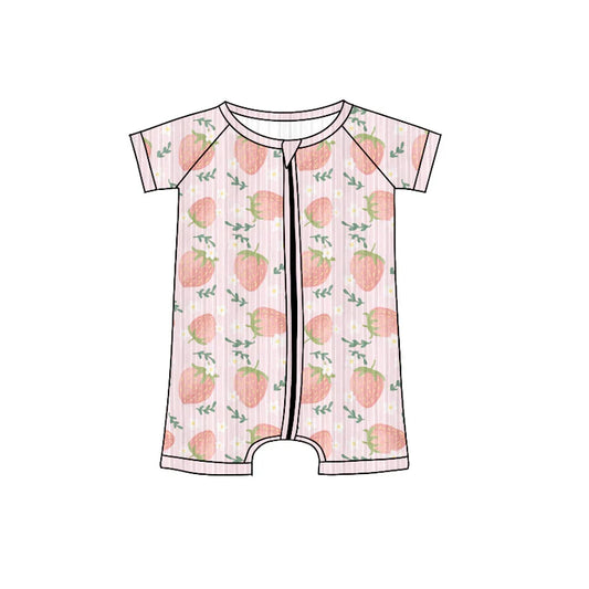 Preorder (moq 5)Baby Girls Short Sleeves Pink Strawberry Plaid Zipper Shorts Rompers 6.4