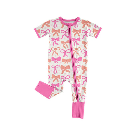 Preorder(moq 8)Baby Girls Orange Pink Bows Stars Zipper Footie Rompers 9.29