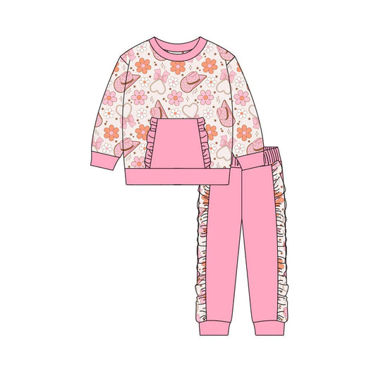 Preorder(moq 5) Baby Girls Pink Flowers Hats Pocket Top Ruffle Pants Western Clothes Sets 10.31