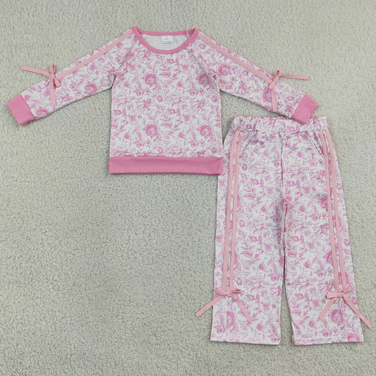 Baby Girls Clothes Pink Flowers Bows Top Pockets Flare Pant Clothes Sets GLP3366