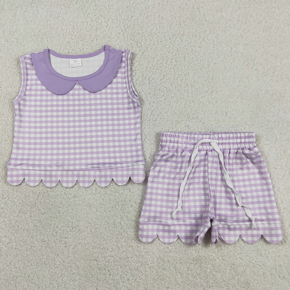 Baby Girls Clothes Sleeveless Lavender Checked Collar Top Shorts Scallop Clothes Set GSSO3396