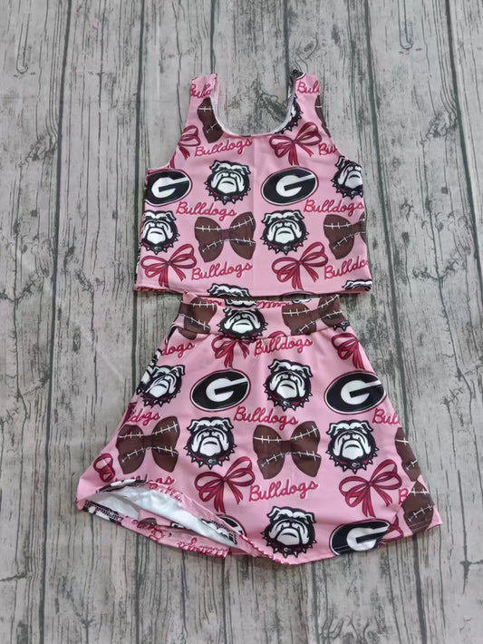 Preorder (moq 5)Baby Girls Sleeveless Bulldogs Bows Top Skorts Team Sets 7.2