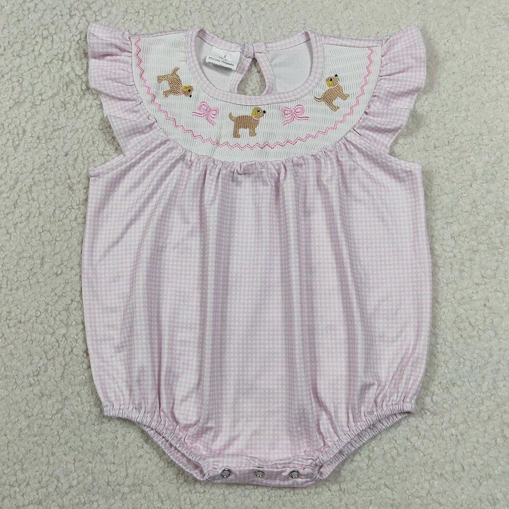 Baby Girls Clothes Smocked Dogs Bows Flutter Sleeve Ruffle Rompers SR3316