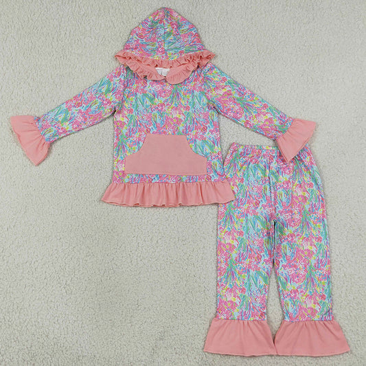 Baby Girls Clothes Sea Plants Pocket Ruffle Hoodie Pants Clothes Sets GLP3519