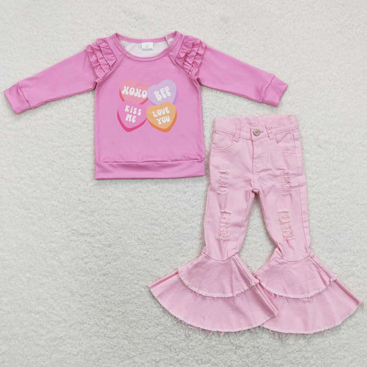 Wholesale Baby Girls Clothes Denim Jeans Pants Valentine's Day Sets GLP1165