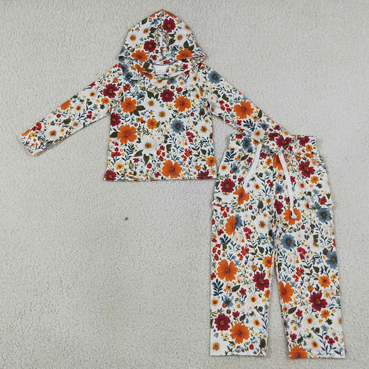Baby Girls Clothes Colorful Flowers Hoodies Pockets Straight Bottom Pant Clothes Sets GLP3321