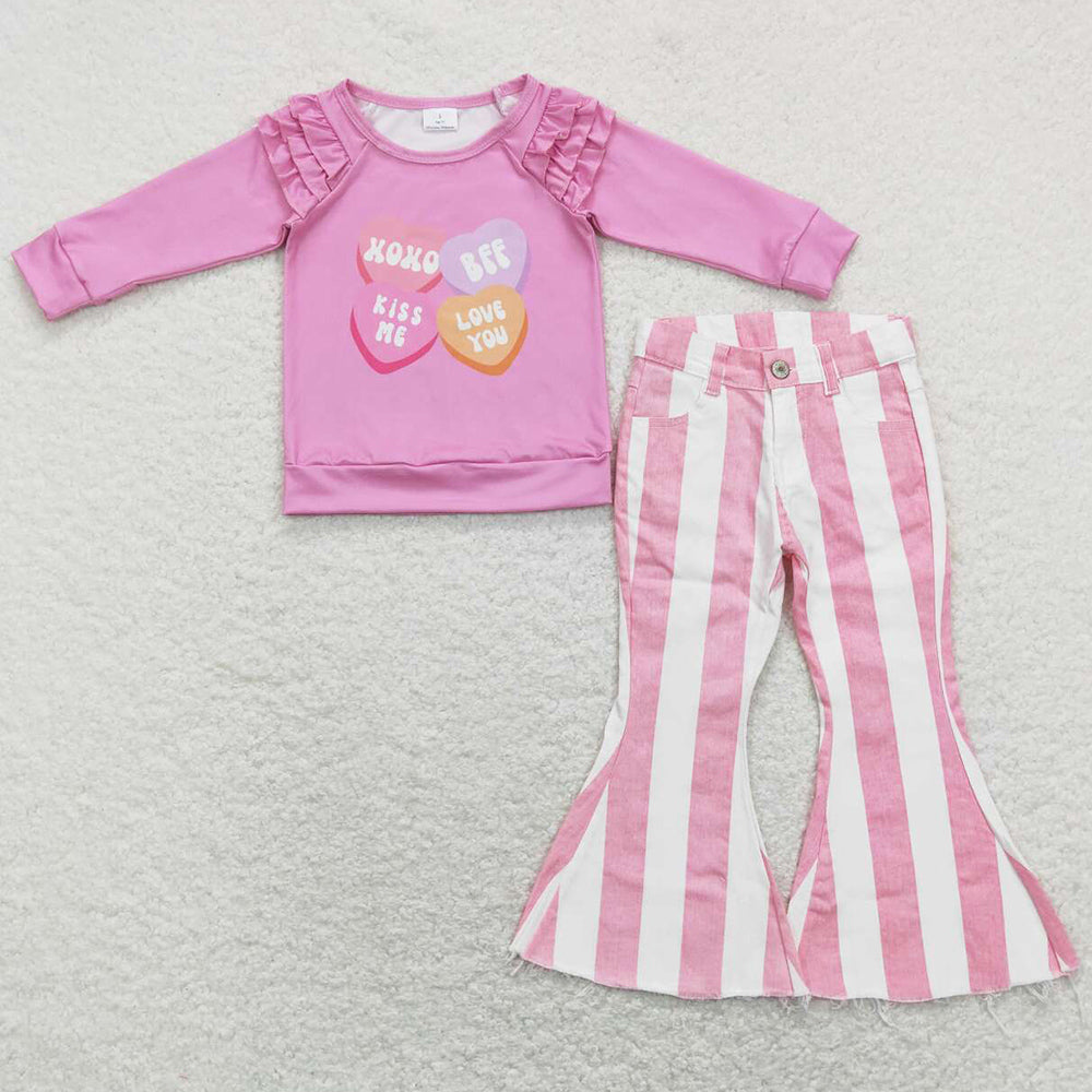 Fashion Baby Girls Clothes Love Denim Bell Pants Valentine's Day Sets GLP1169