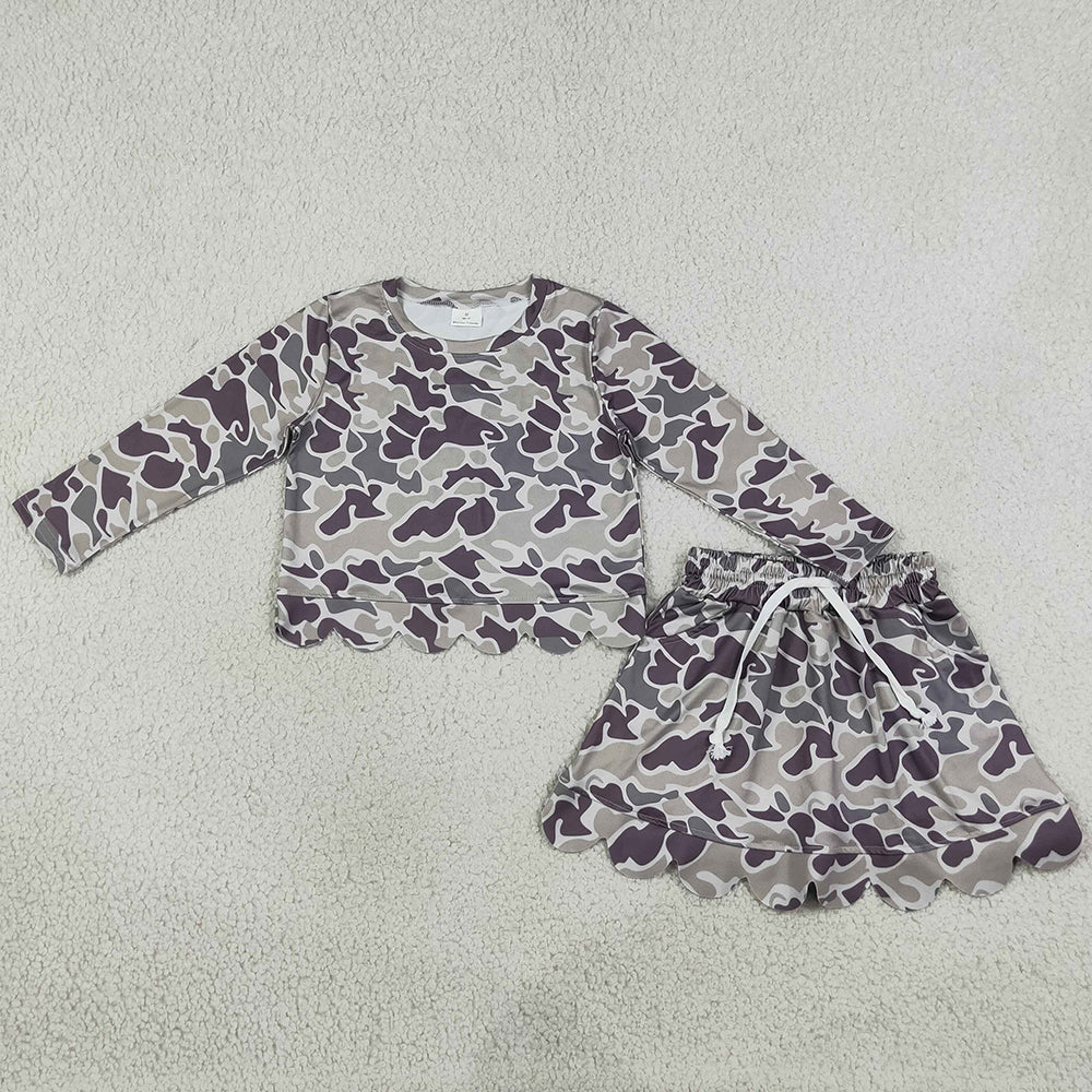 Baby Girls Clothes Long Sleeve Southern Grey Camo Top Skirt Short Scallop Clothes Sets GLD1614