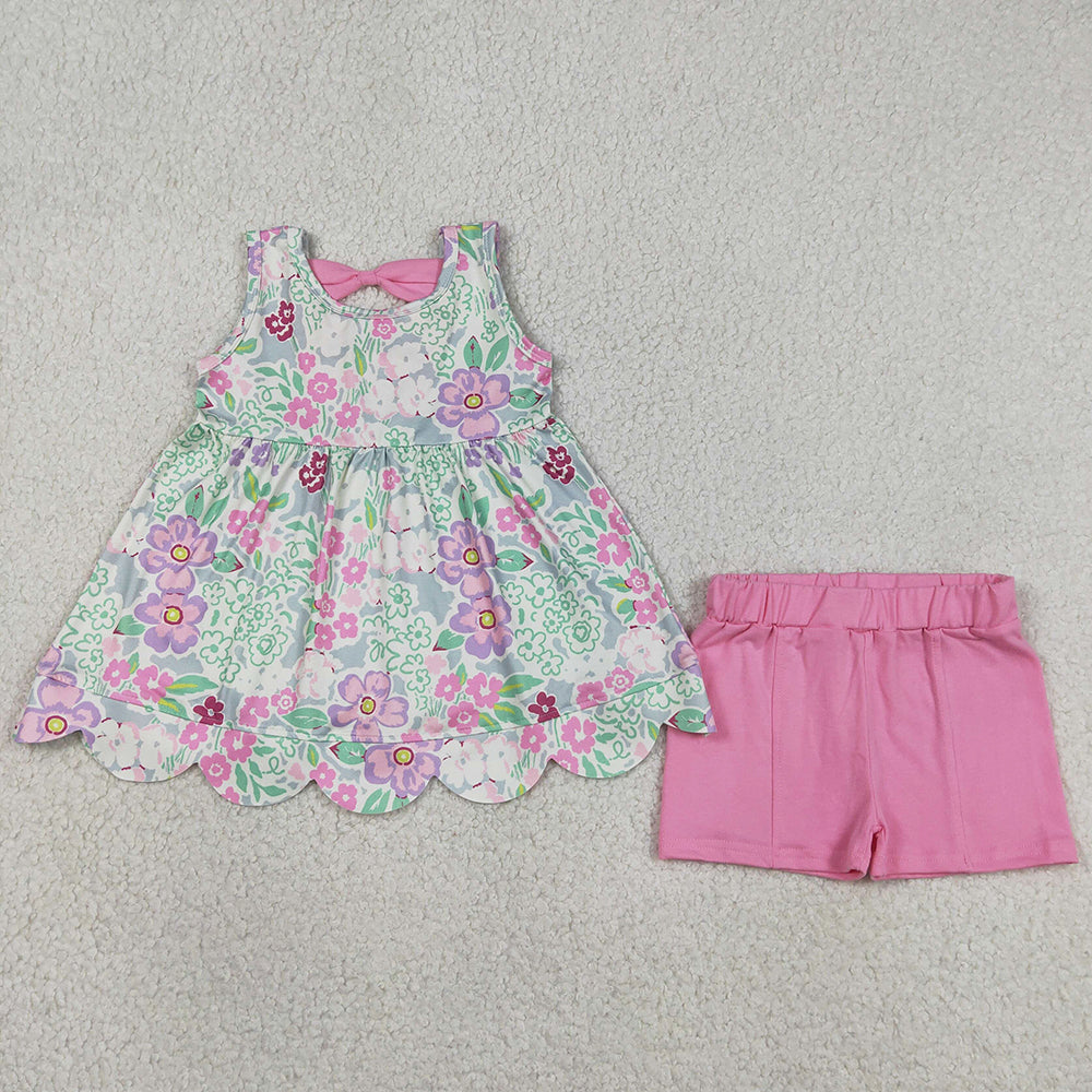 Baby Girls Clothes Sleeveless Colorful Flowers Scallop Tunic Shorts Clothes Set GSSO3385