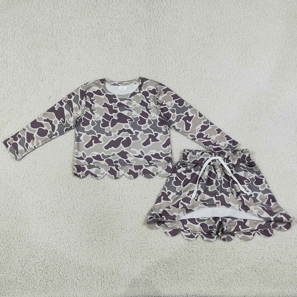 Baby Girls Clothes Long Sleeve Southern Grey Camo Top Skirt Short Scallop Clothes Sets GLD1614
