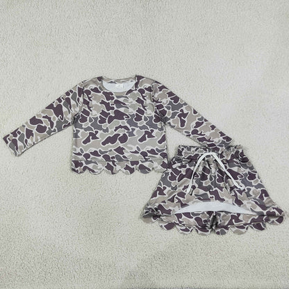 Baby Girls Clothes Long Sleeve Southern Grey Camo Top Skirt Short Scallop Clothes Sets GLD1614