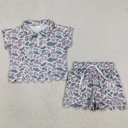 Baby Girls Clothes Southern Light Grey Camo Zip Top Pockets Short Scallop Clothes Sets GSSO3564