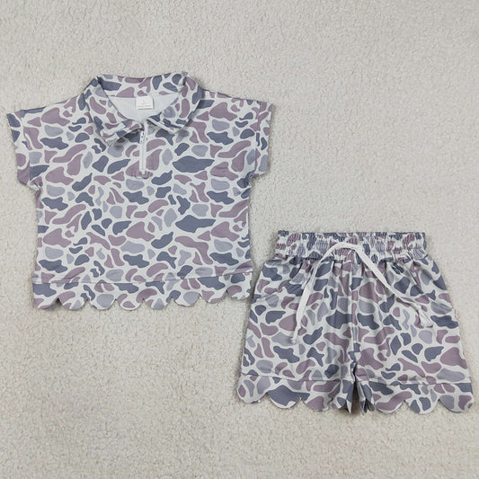 Baby Girls Clothes Southern Light Grey Camo Zip Top Pockets Short Scallop Clothes Sets GSSO3564