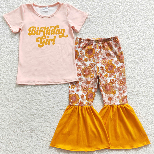 Boutique Kids Girls Clothing Sets Birthday Girl Flowers Bell Bottom Outfits GSPO0680