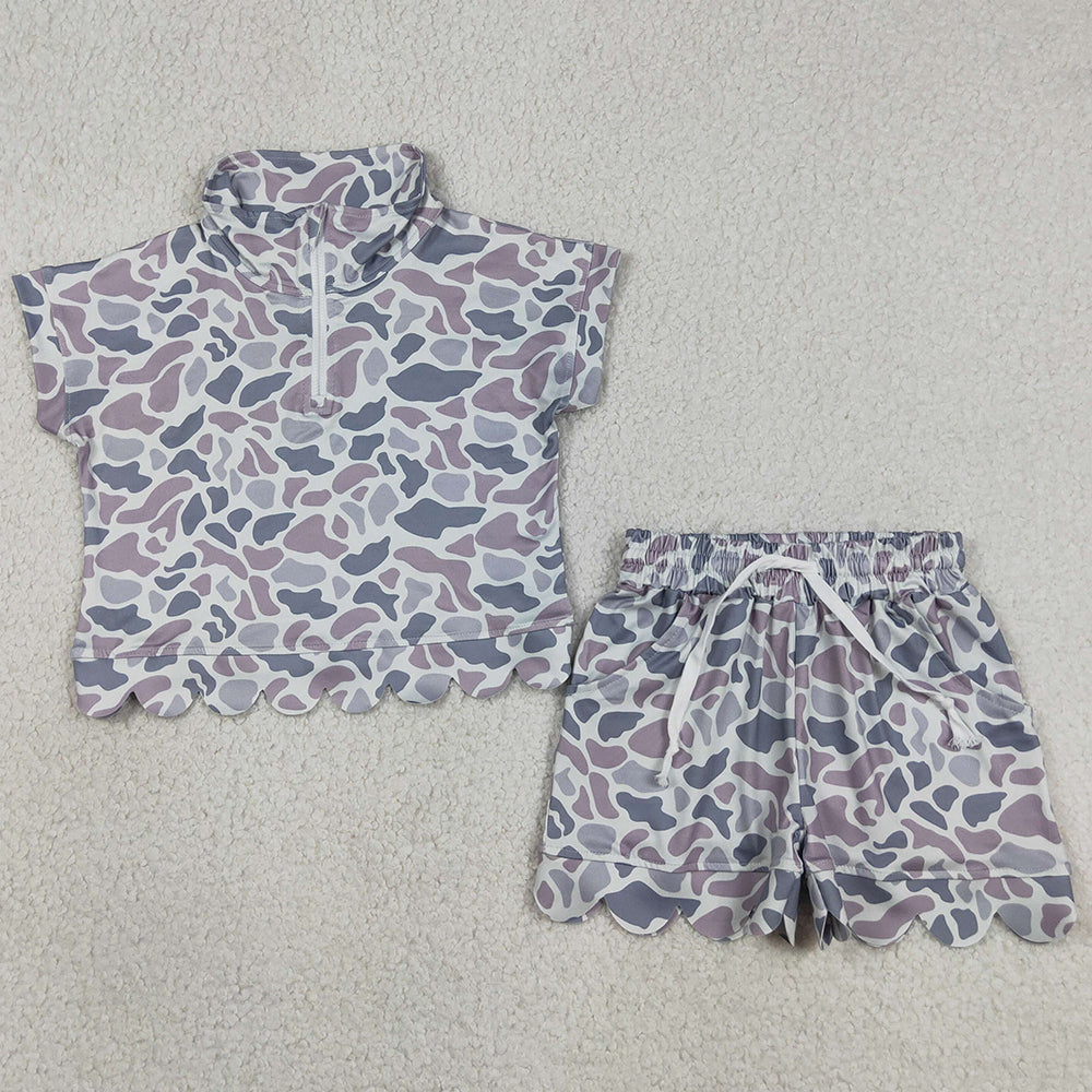 Baby Girls Clothes Southern Light Grey Camo Zip Top Pockets Short Scallop Clothes Sets GSSO3564
