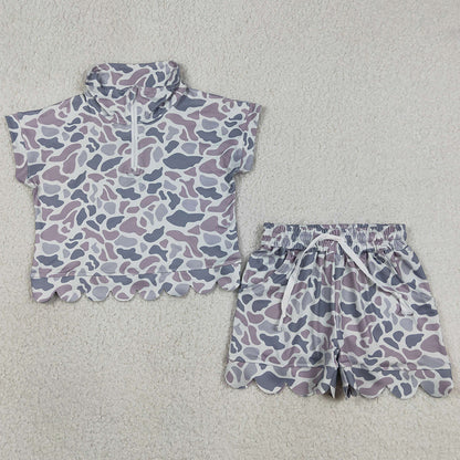 Baby Girls Clothes Southern Light Grey Camo Zip Top Pockets Short Scallop Clothes Sets GSSO3564