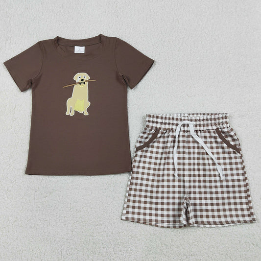 Baby Boys Clothes Embroidery Dogs Brown Top Checked Pockets Shorts Hunting Clothes Sets BSSO1637 1.8