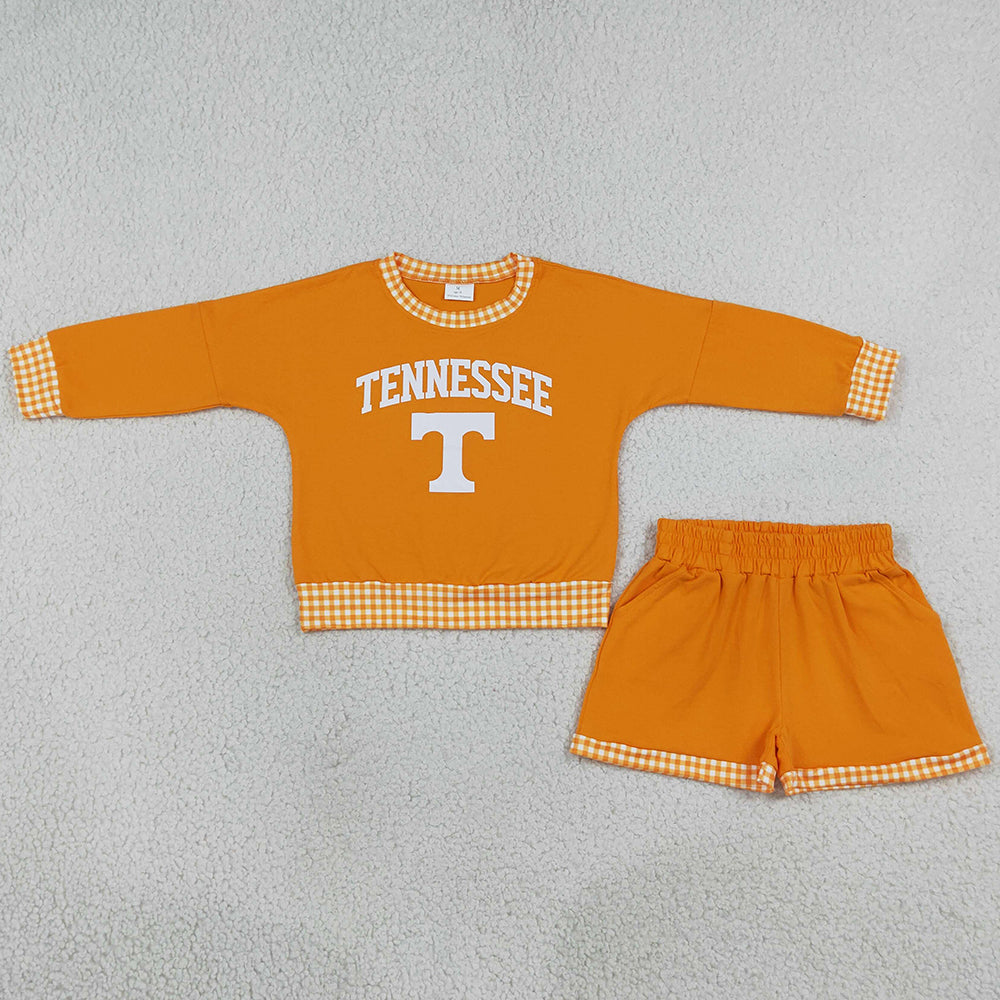 Baby Girls Clothes Vinyl Tennessee Long Sleeve Top Pockets Short Team Clothes Set GLS0163