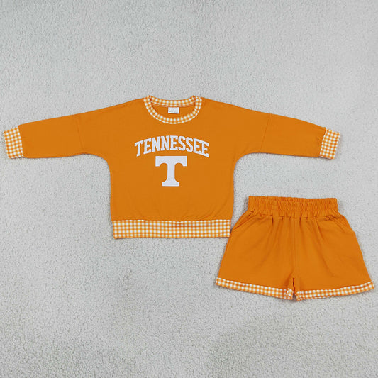 Baby Girls Clothes Vinyl Tennessee Long Sleeve Top Pockets Short Team Clothes Set GLS0163