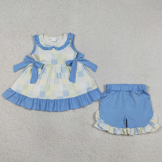 Baby Girls Clothes Flowers Checked Collar Tunic Pockets Ruffle Short Clothes Sets GSSO3439