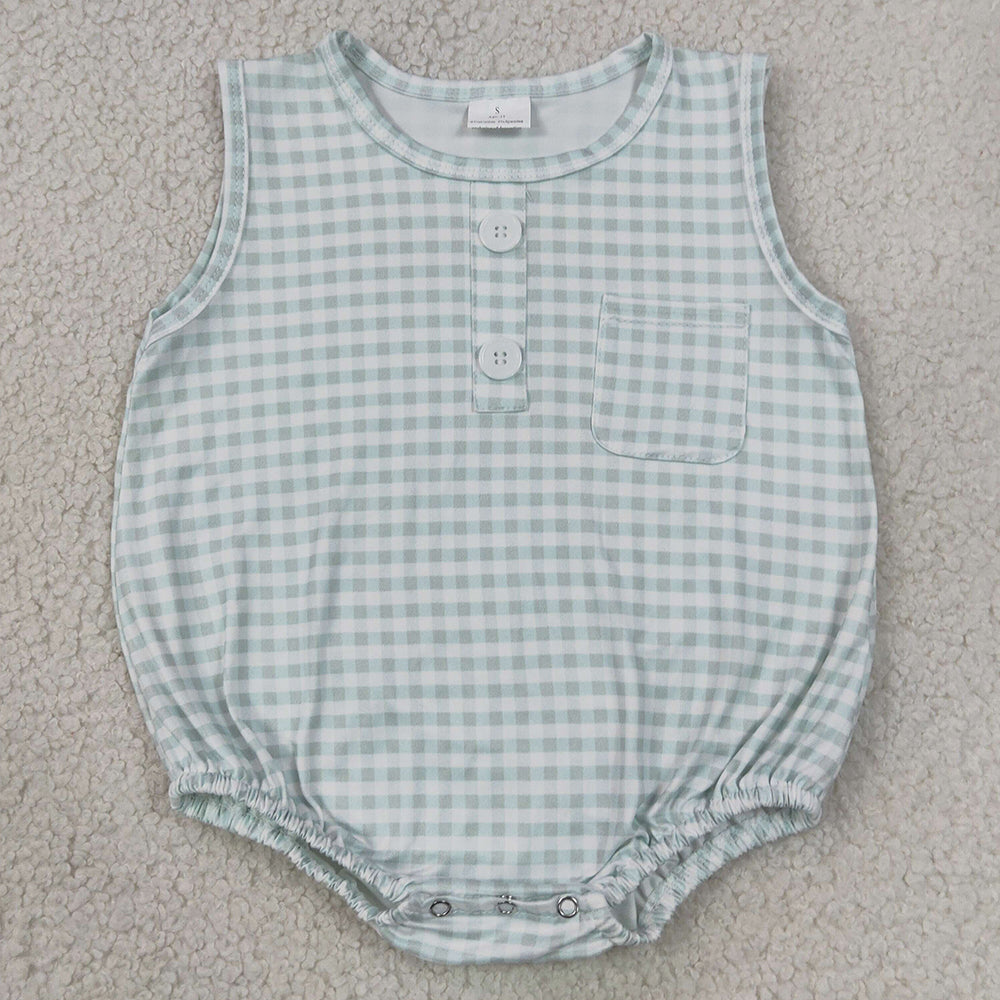 Baby Boys Rompers Sleeveless Light Green Checked Button Pocket Rompers SR4234