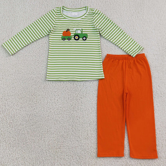 Baby Boys Clothes Embroidery Pumpkin Truck  Green Stripe Top Pant Fall Clothes Sets BLP1441