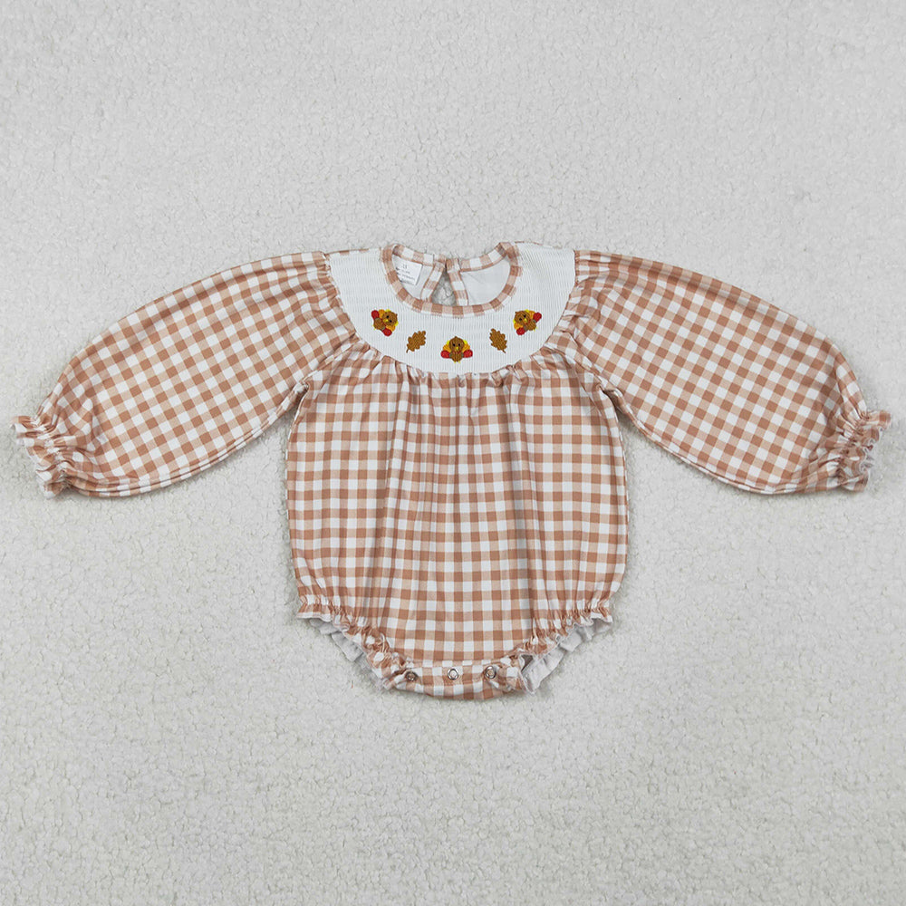 Baby Girls Smocked Turkey Leaves Khaki Checked Thanksgiving Ruffle Rompers LR2205 10.21