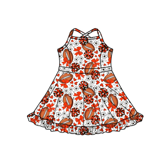 Preorder (moq 5)Baby Girls Strap Orange Bow Footballs Team Shorts Ruffle Knee Length Dress 1.13