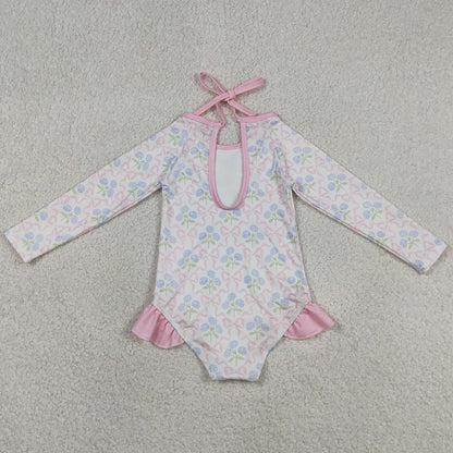 Baby Girls Swimsuits Flower Bows Checked Bummies One Piece Swimsuits S0655