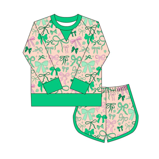 Preorder(moq 8)Baby Girls Green Pink Bows Clovers Long Sleeve Top Shorts St Patrick Clothes Set 9.29