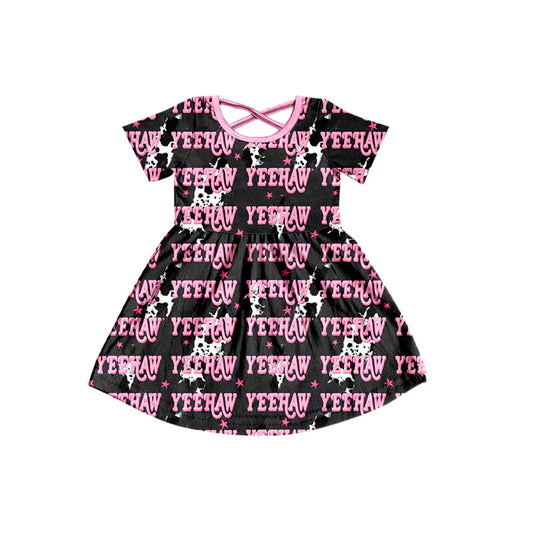 Preorder (moq 8)Baby Kids Short Sleeve Cow Print Lights Yeehaw Western Knee Length Dresses 9.19