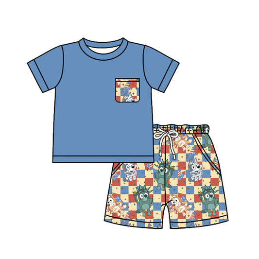 Preorder moq 5 Baby Boys Blue Short Sleeves Pocket Top Cartoon Dogs Flags Short 4th Of July Set 4.12