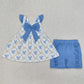 Baby Girls Clothes Blue Bows Tunic Tops Ruffle Shorts Sets GSSO2109