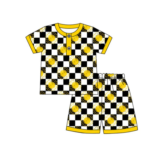 Preorder moq 5 Baby Boys Short Sleeves Black Plaid Suns Button Top Short Pajamas Set 4.12