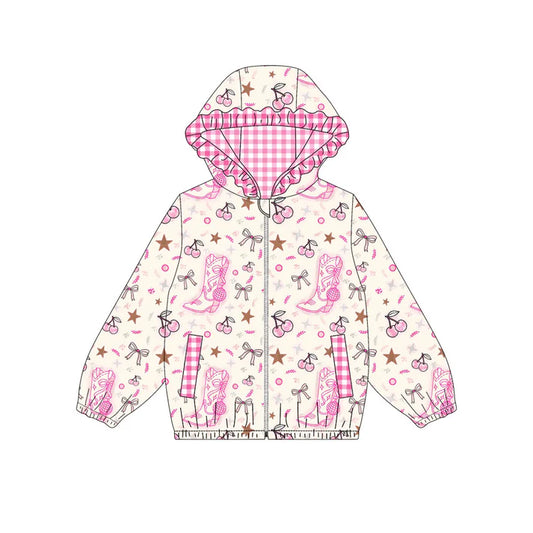 Preorder (moq 8)Baby Girls Pink Boots Cheers Pockets Zipper Ruffle Hoodies Jackets Top 9.8
