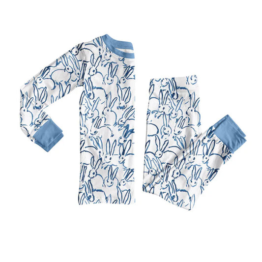 Preorder(moq 5) Baby Boys Blue Rabbits Plaid Top Pants Easter Pajamas Set 10.23