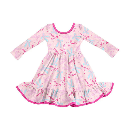 Preorder (moq 8)Baby Girls Pink Love Bows Valentine Ruffle Knee Length Dresses 9.9