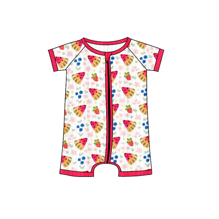 Preorder (moq 5)Baby Girls Short Sleeves Red Watermelon Flowers Plaid Zipper Shorts Rompers 6.4