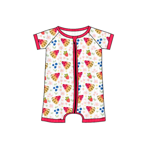 Preorder (moq 5)Baby Girls Short Sleeves Red Watermelon Flowers Plaid Zipper Shorts Rompers 6.4