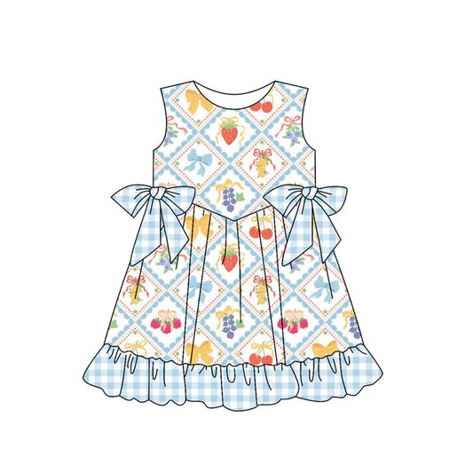 Preorder (moq 5)Baby Girls Blue Sleeveless Bows Strawberry Plaid Knee Length Dresses 4.24