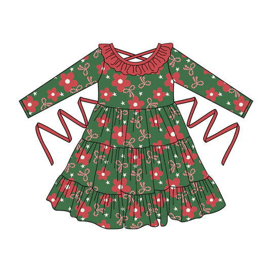Preorder moq 5 Baby Girls Dark Green Long Sleeves Bows Flowers With Belt Ruffle Knee Length Dresses 5.2