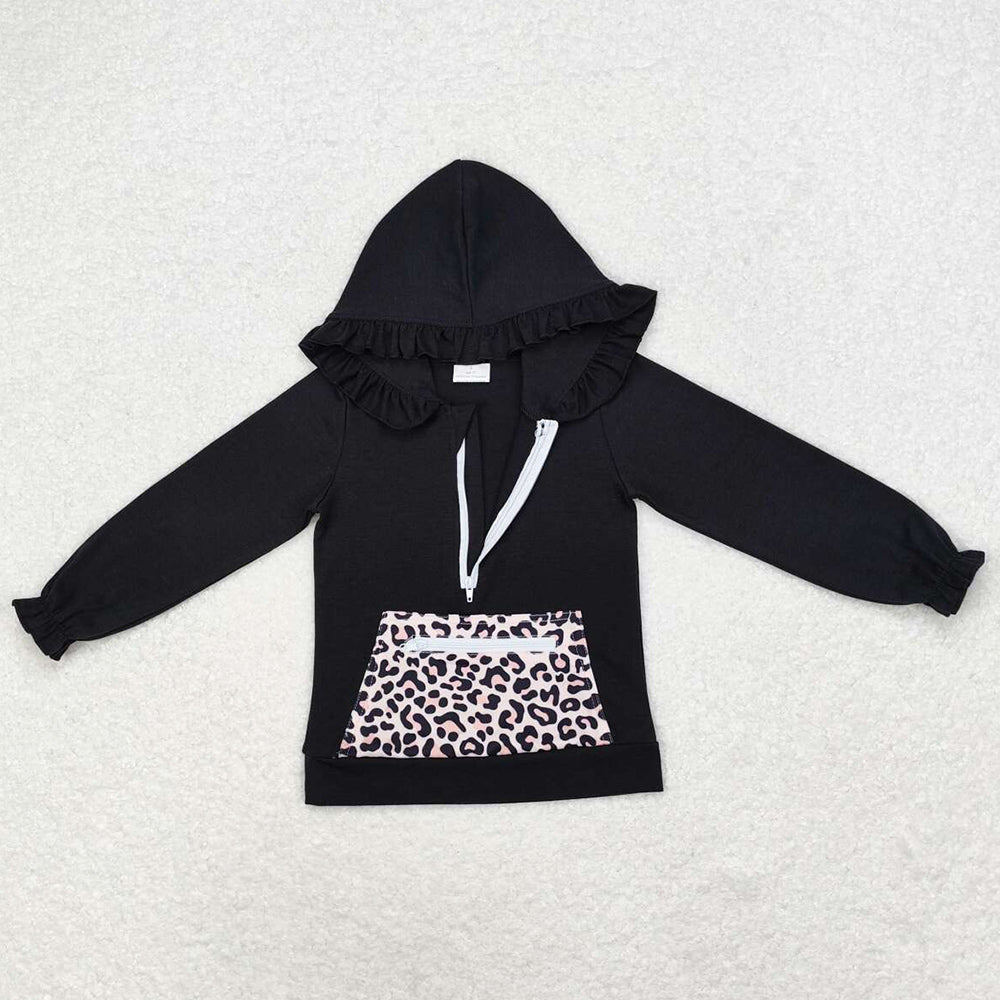 Baby Girls Clothes Tops Black Ruffle Hooded Leopard Pocket Long Sleeve Tops GT0624