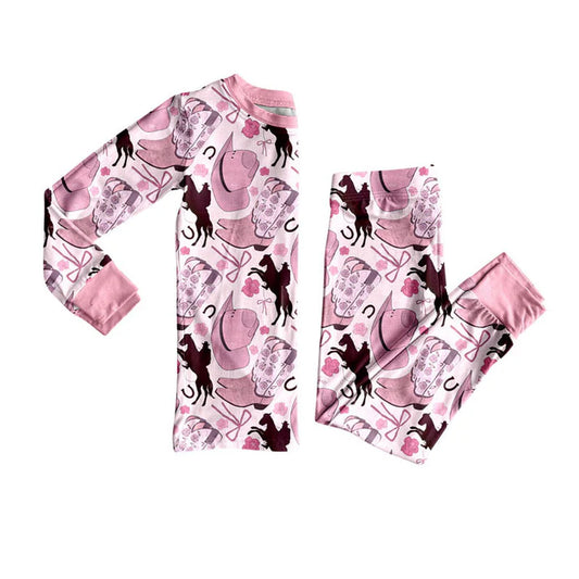 Preorder (moq 8)Baby Girls Hats Horse Rodeos Top Pants Western Pajamas Sets 9.11