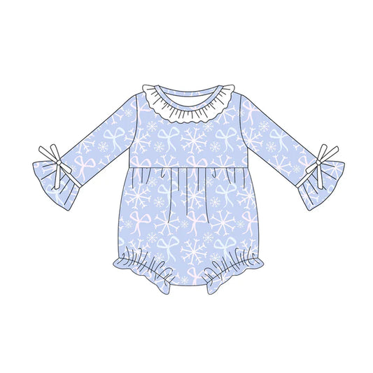 Preorder (moq 5)Baby Girls Long Sleeves Blue Bows Snowflake Ruffle Rompers 5.16